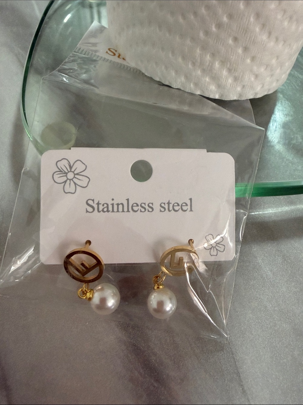 Gold-Tone Stainless Steel Pearl Drop Earrings